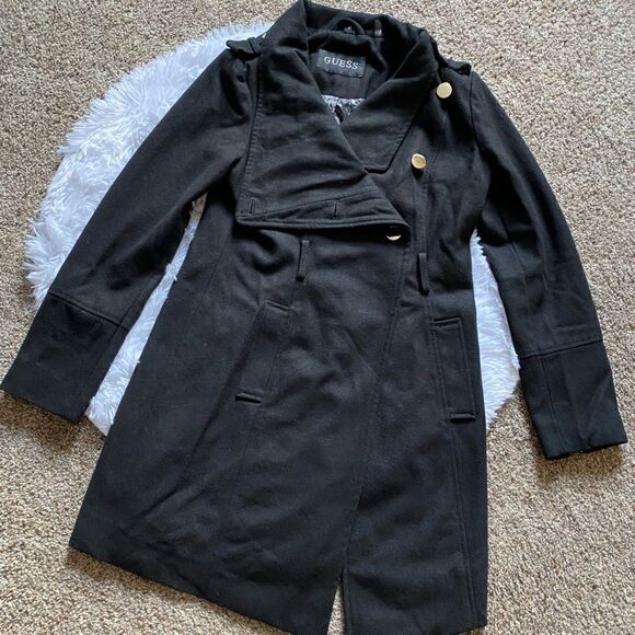 Guess Wool Blend Trench Coat Black Womens Size Medium - Picture 1 of 12